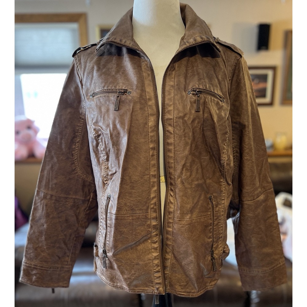 Jou Jou Faux Vegan Leather Jacket Brown Vintage Y2K Women's Size 1X EUC